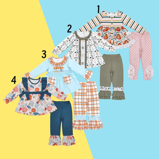 Sibling Kids Girls Pumpkin Long Sleeve Tunic Top With Pants Outfit