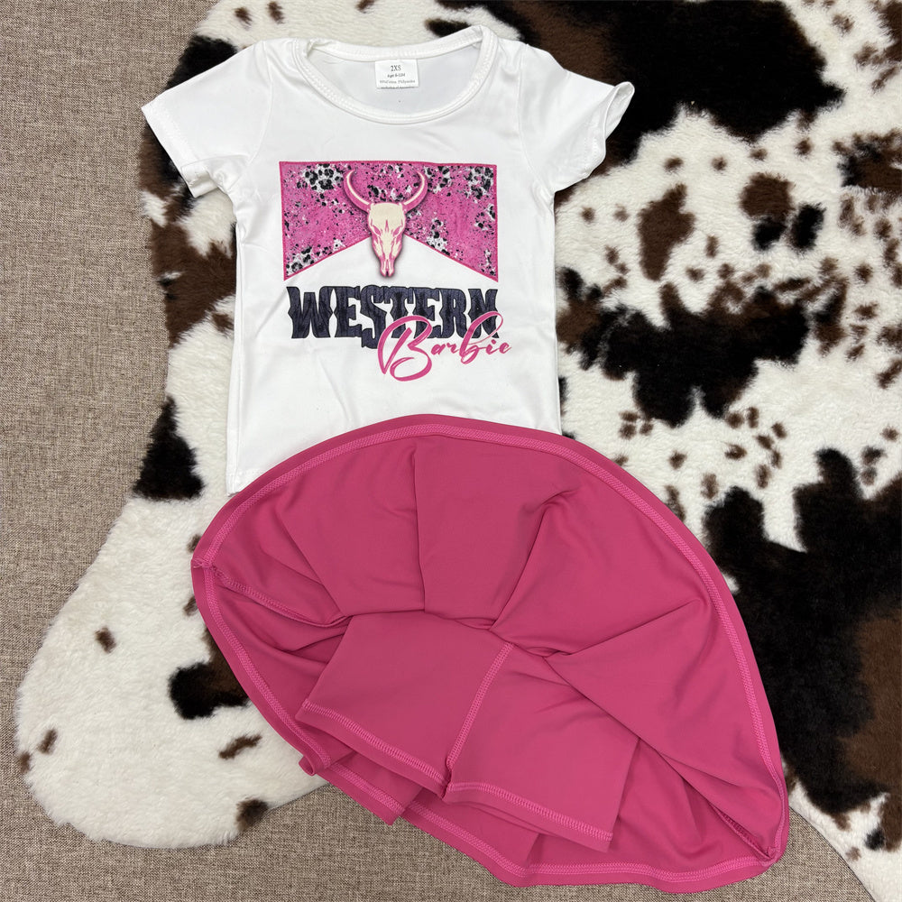 Sibling Girls Summer Wear Western Print Short Sleeve White T-shirt Top Pleated Skirt Boutique Outfit