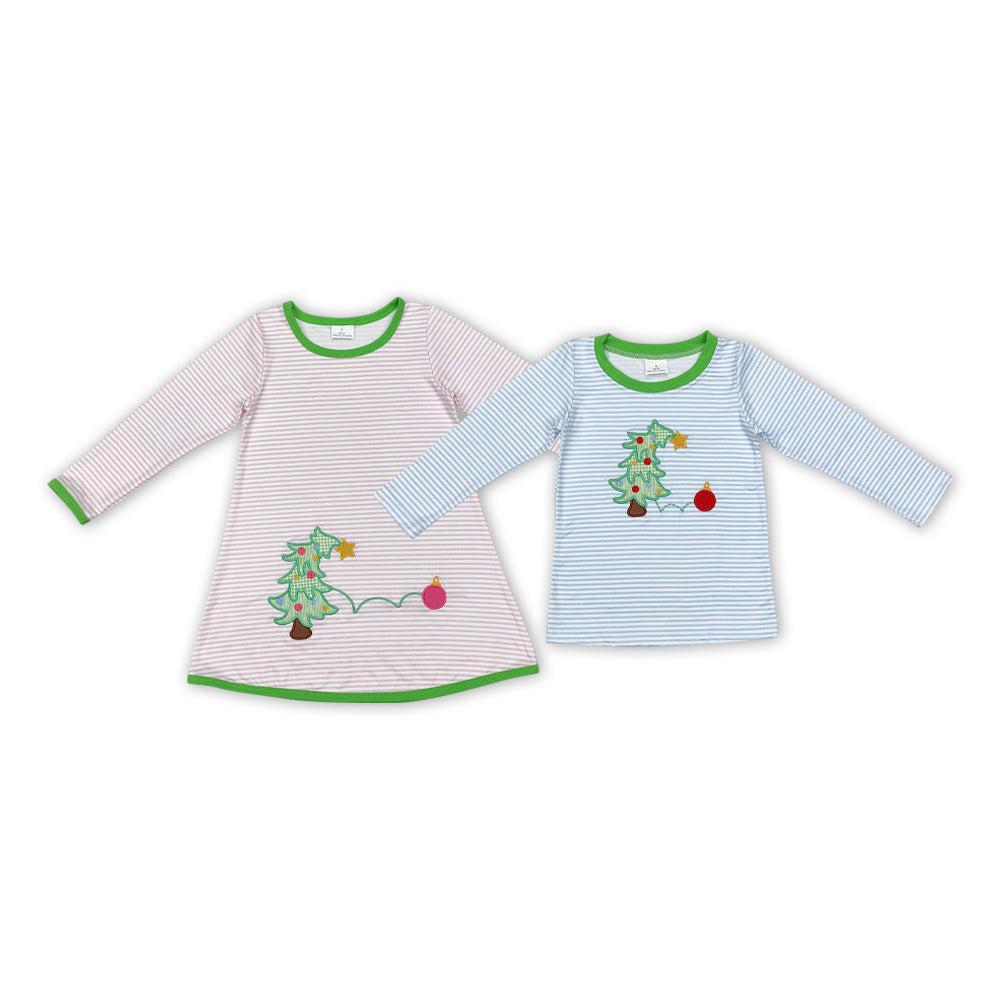 Baby Sibling Christmas Tree Pink Striped Girls Dress and Boys Top