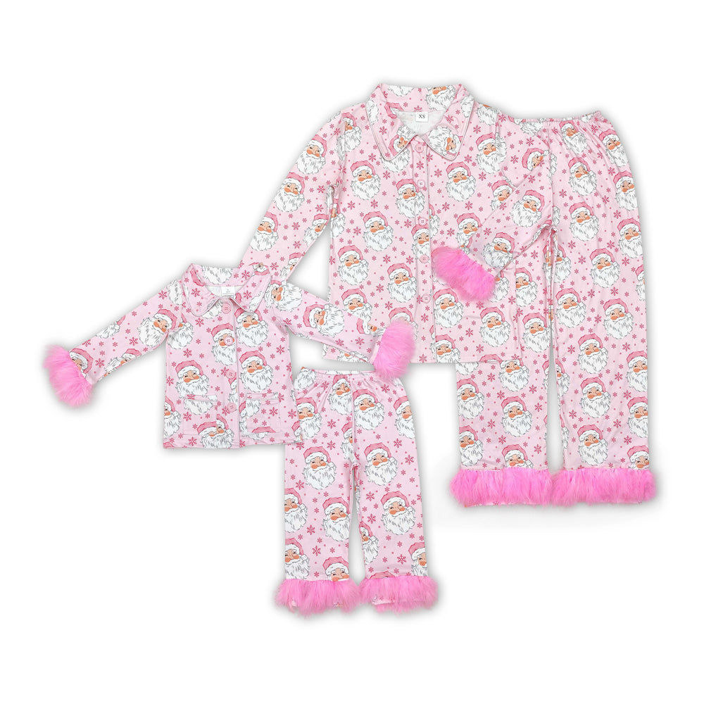 Mommy And Me Christmas Santa Pink Fur Button Down Pajamas Clothes Sets