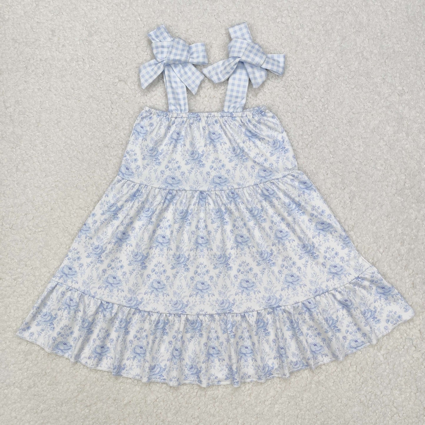 Baby Girls Light Blue Plaid Bow Straps Floral Print Dress