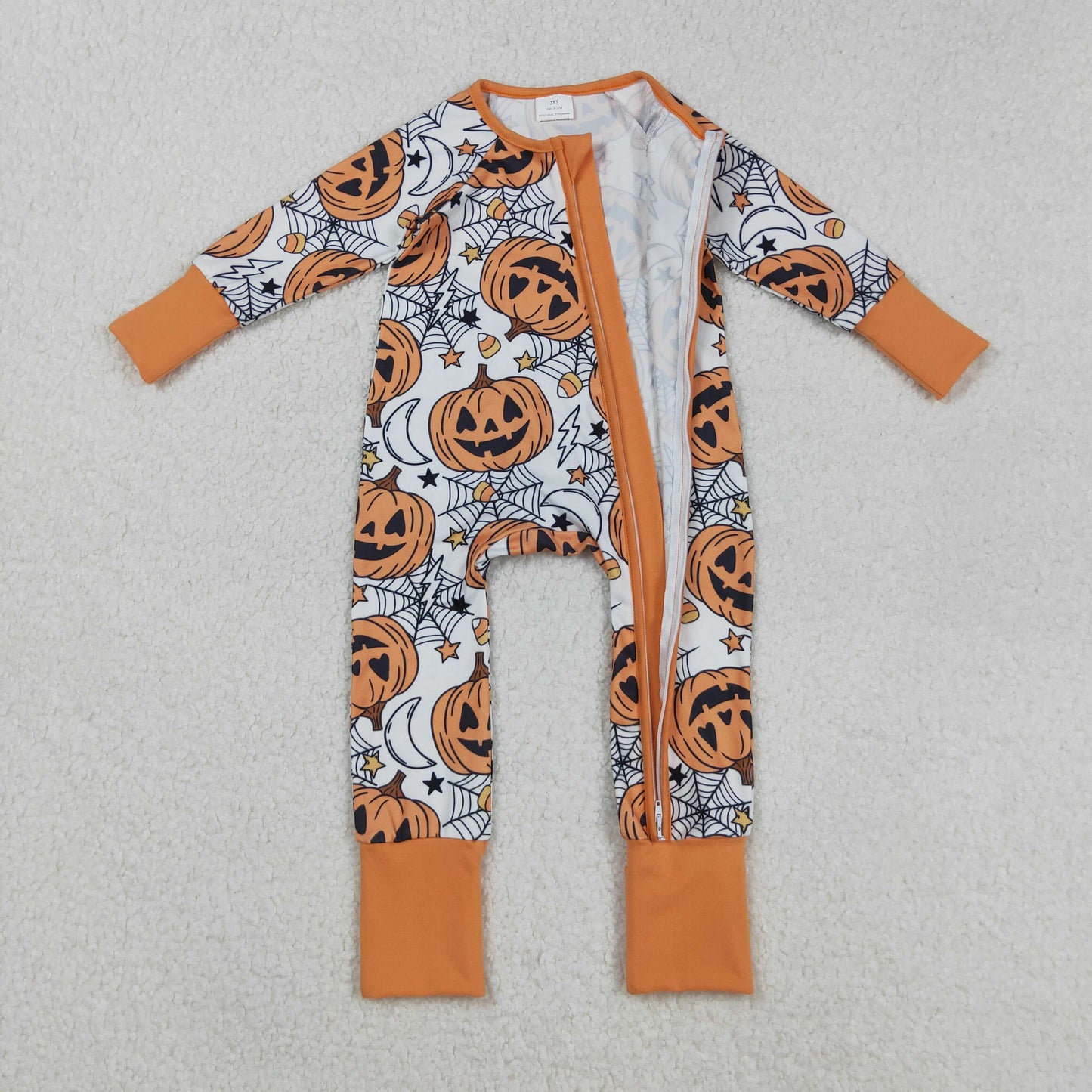 LR2528 Baby Boys Halloween Pumpkin Long Sleeve Footed Romper With Zippy