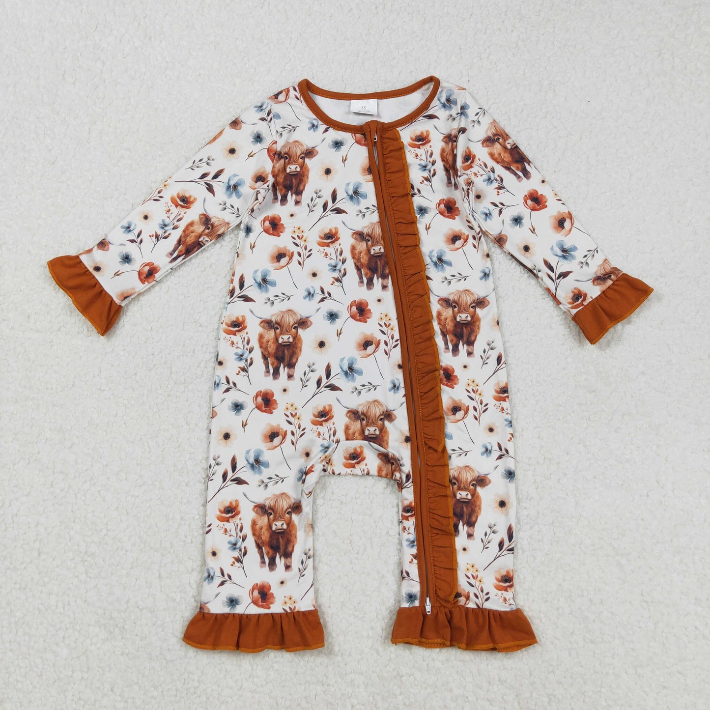 LR1624 Baby Girls Highland Cow Long Sleeve Zip Romper