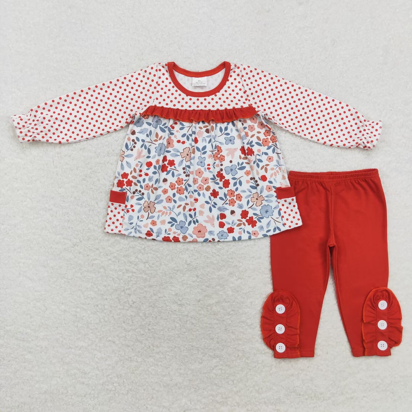 Baby Girls Fall Dots Flowers Pockets Tunic Top Legging Clothes Sets