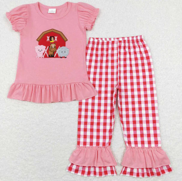 Baby Girls Pink Short Ruffle Sleeves Embroidery House Pigs Top Red Plaid Pant Farm Set