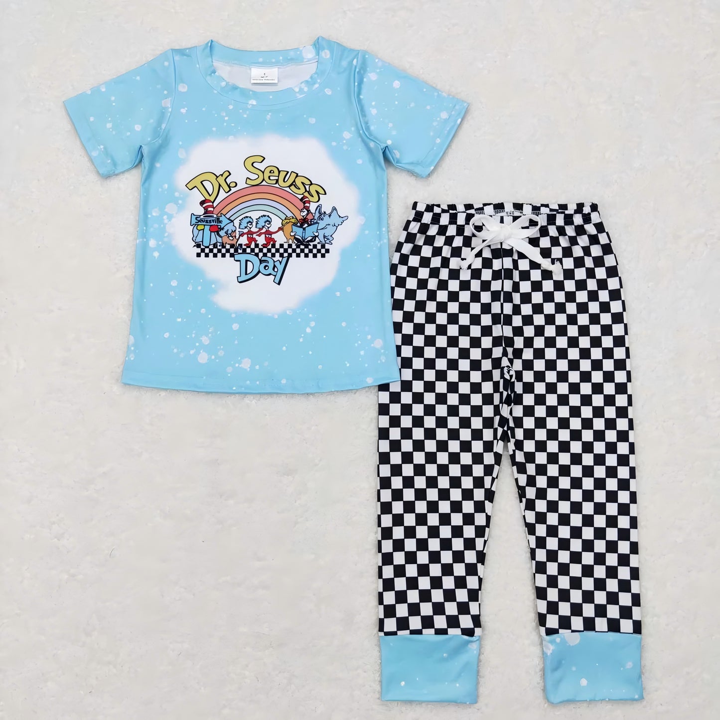 Baby Boys Light Blue Short Sleeves Dr Reading Top Black Plaid Pant Set