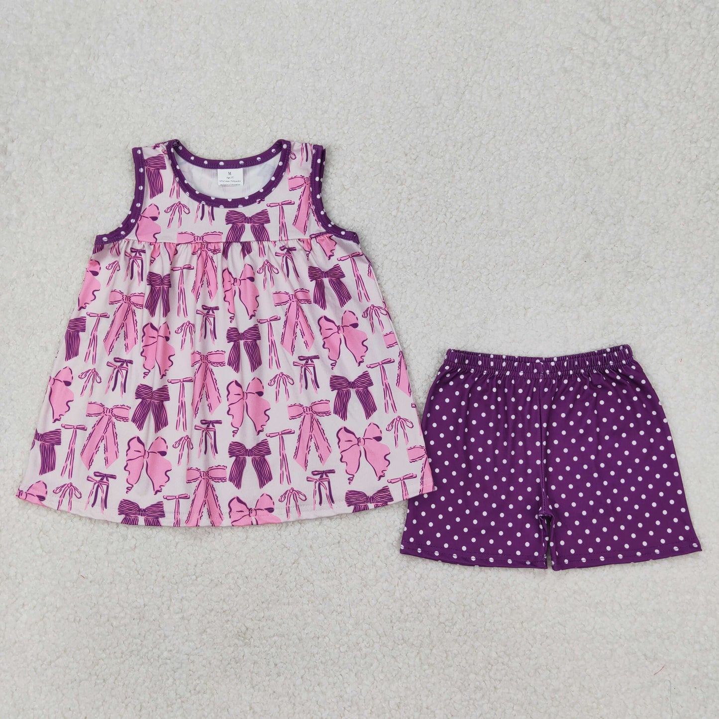 Baby Girls Purple Sleeveless Bows Tunic Polka Dots Short Set