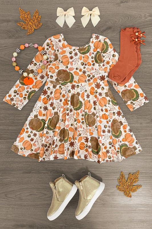 (5MOQ) Baby Girls Fall Pumpkin Turkey Long Sleeve Dress Pre-order