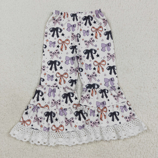 P0783 Kids Girls Black Purple Orange Bow Bell Bottom Pants With Lace Ruffle