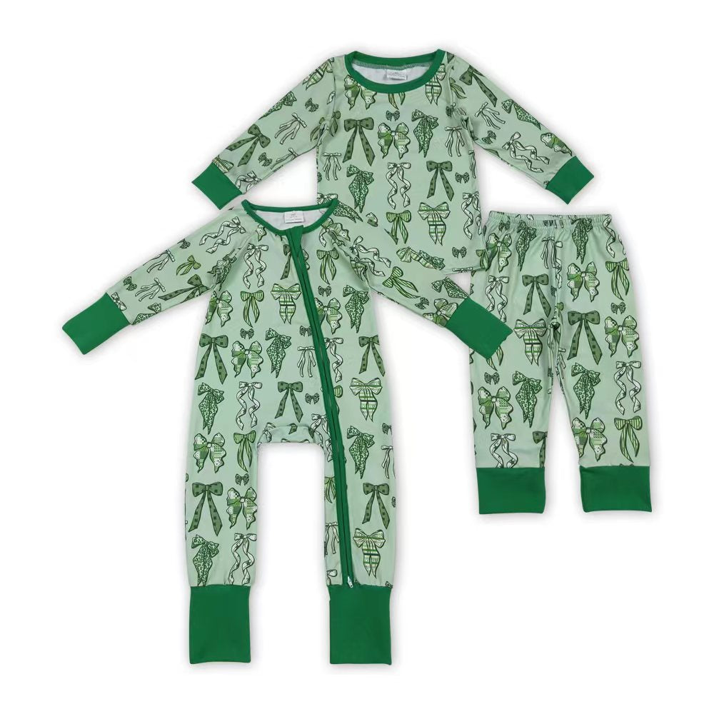 Sibling Baby Girls Green Bow Long Sleeve pajama Set and Romper