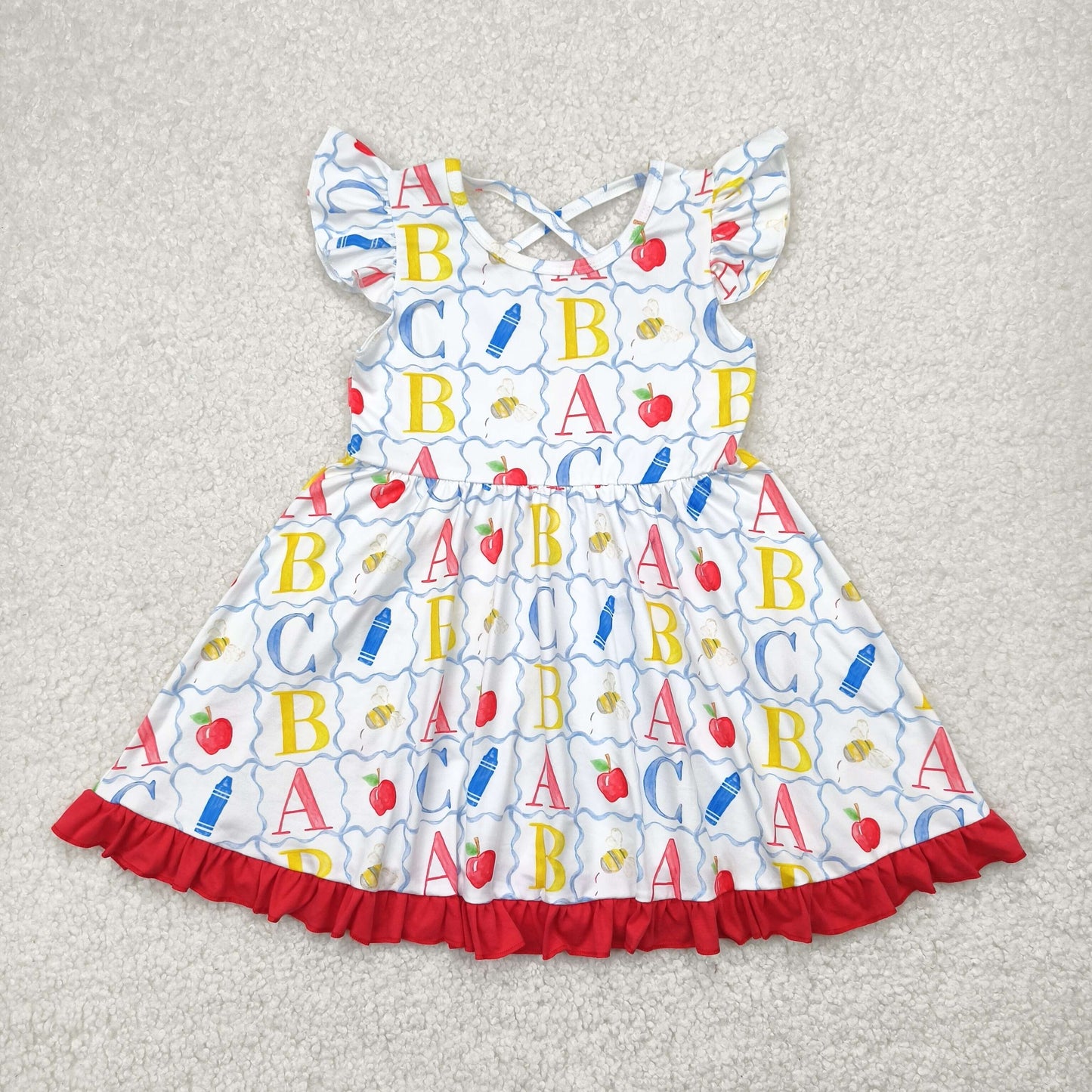 Baby Girls Flutter Sleeves Colorful Pencils Apples Knee Length Dresses
