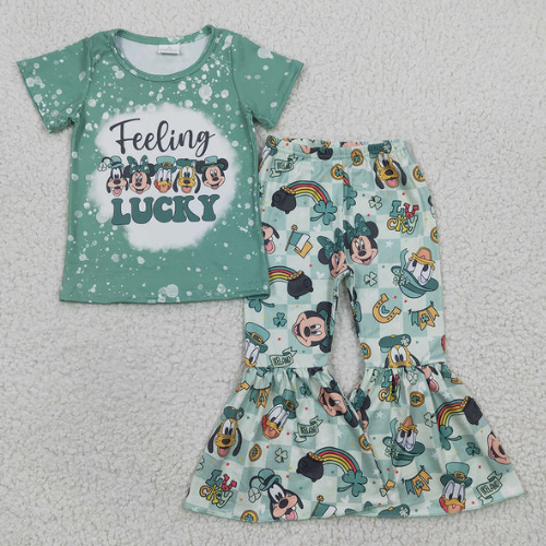 Baby Girls Green Short Sleeves Cartoon Mouse Ducks Top Plaid Bell Bottom Pants St Patrick Set
