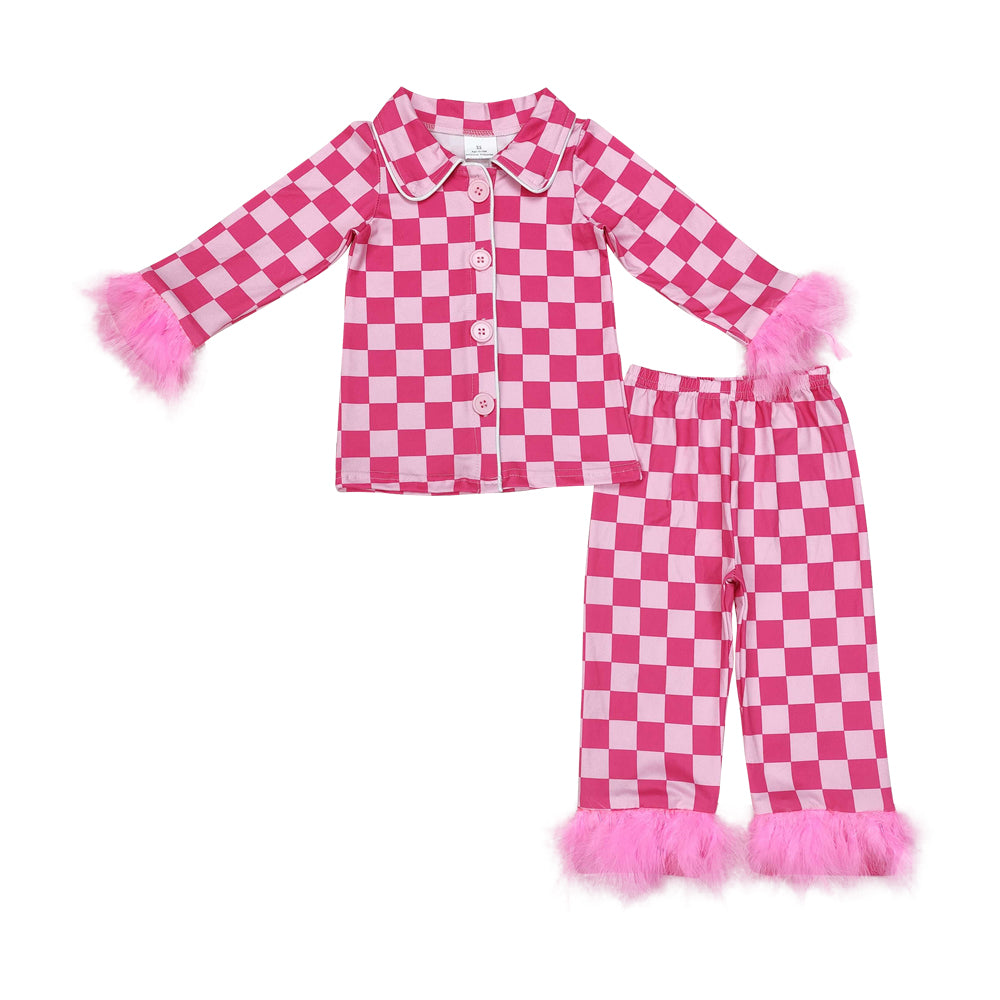 Baby Girls Pink Checker Pajama Set  With Fur