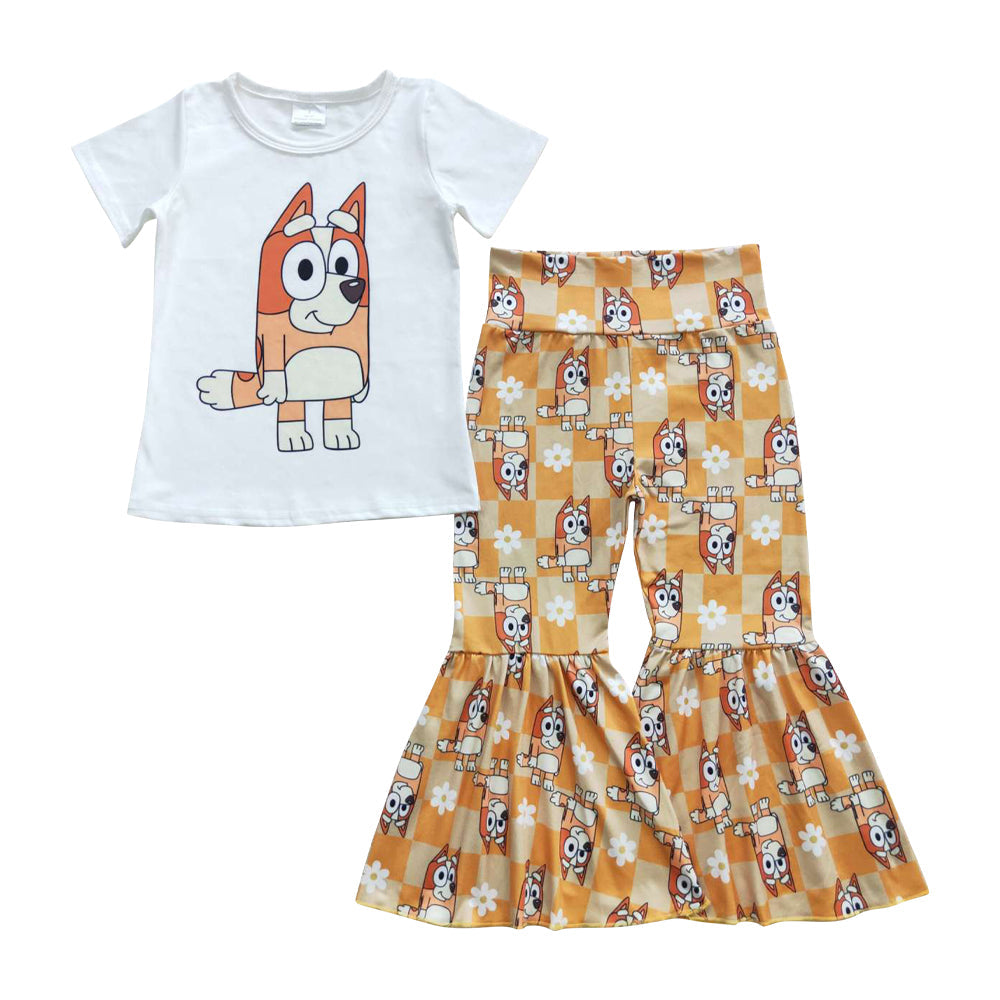 GSPO0860 Cartoon Sister Dog Bell Bottom Pants Set