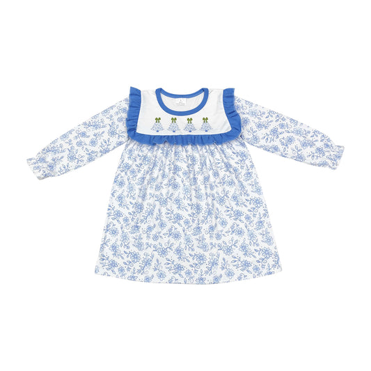 Toddler Girls Christmas Tree Blue Flower Long Sleeve Dress