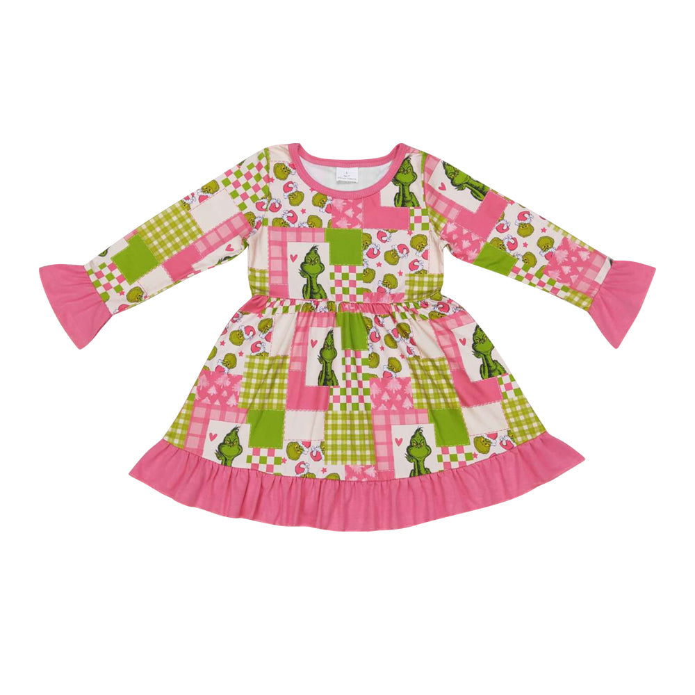 Kids Girls Christmas Green Face Long Sleeve Dress