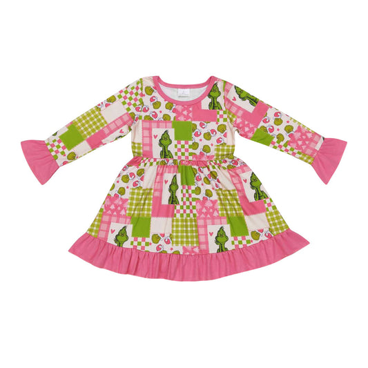 Kids Girls Christmas Green Face Long Sleeve Dress