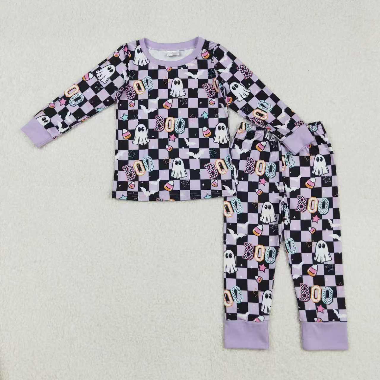 Sibling Baby Girls Halloween Ghost Boo Checked Pajama Set +Romper