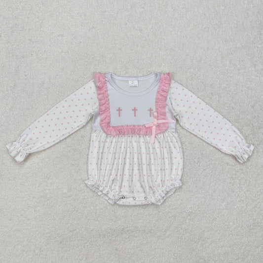 Newborn Baby Girls Pink Embroidery Cross Dot Long Sleeve Easter Romper