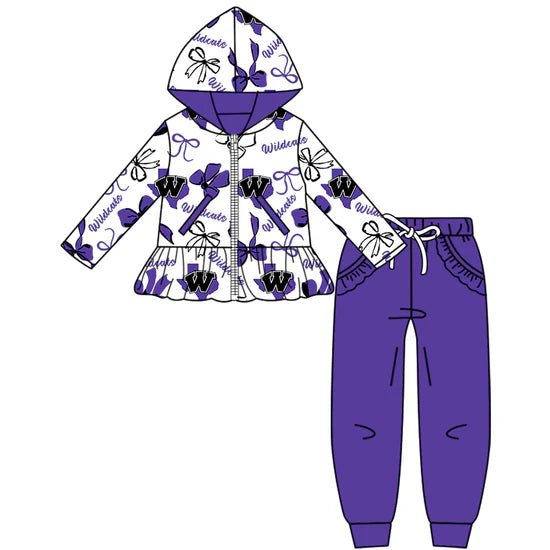 Preorder 5 MOQ Kids Sport Football Team Wildcat Purple Bow Matching Clothing