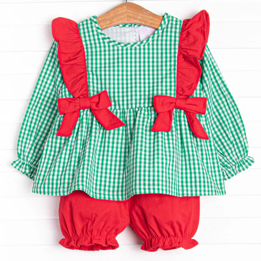 3 MOQ Baby Girls Christmas Green Gingham Tunic Top Red Shorts Outfit Pre-order