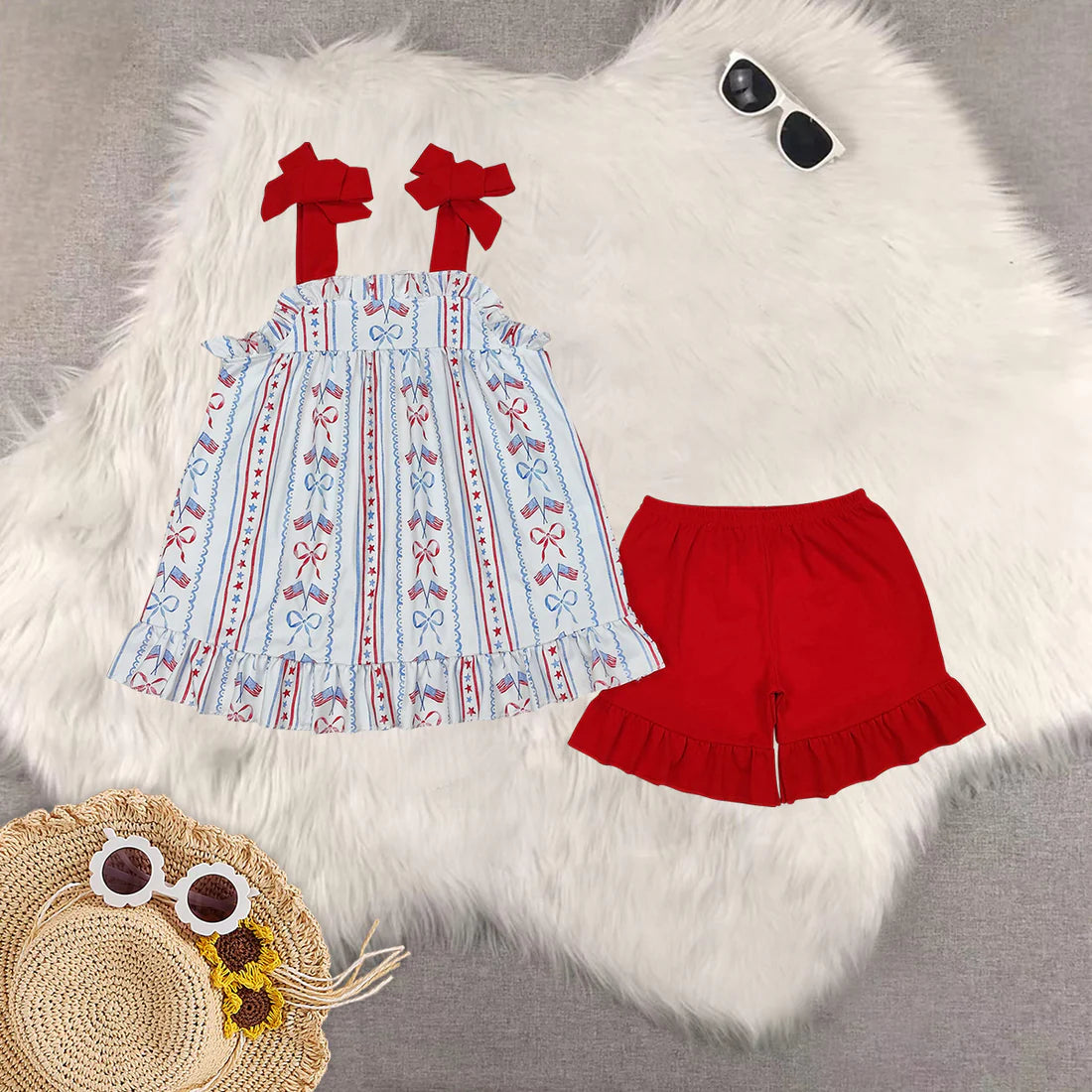 Sibling Baby Girls Red Bows Flag July 4th Rompers Outfits Sets