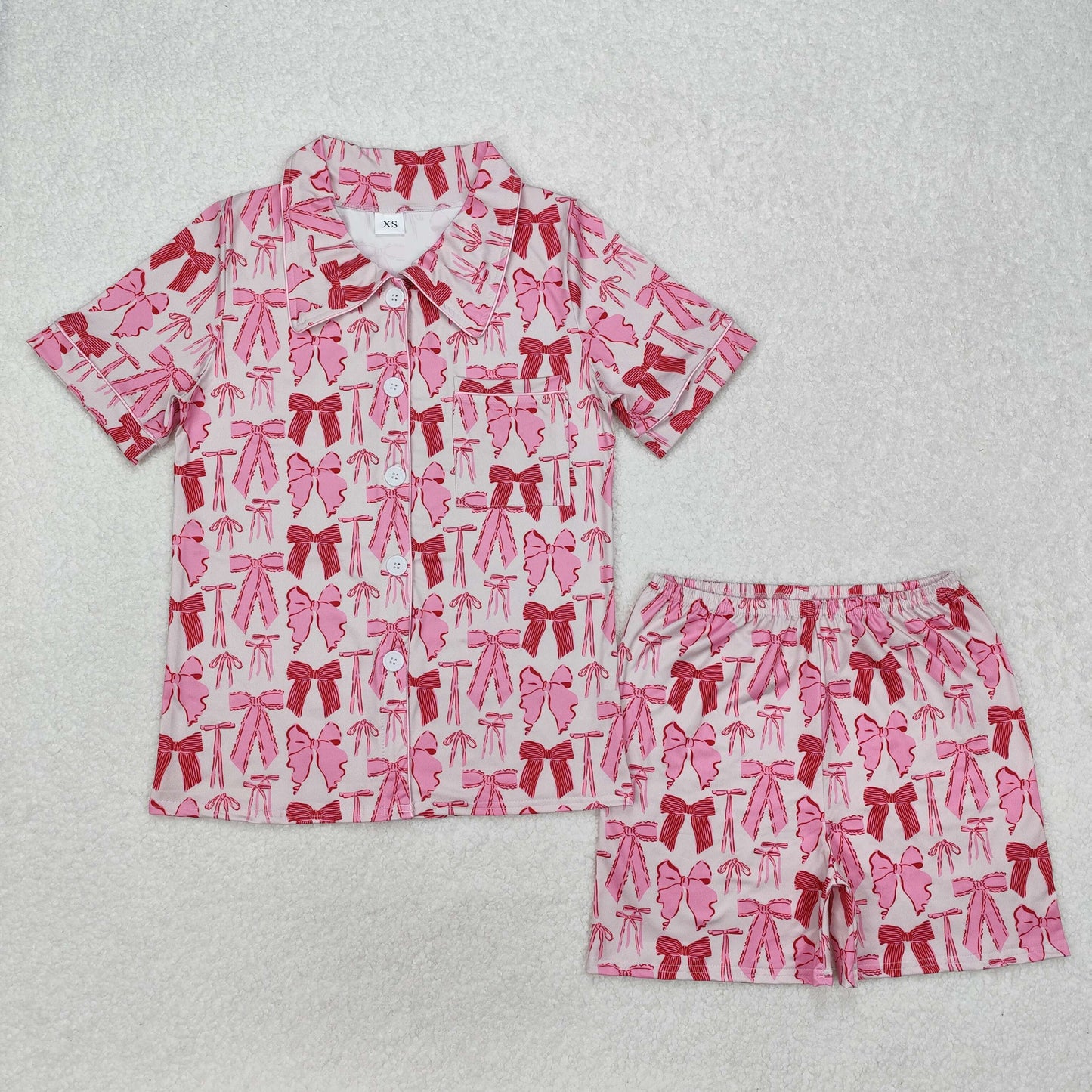 Sibling Pink Short Sleeves Button Down Bows Mama And Me Pajamas Set