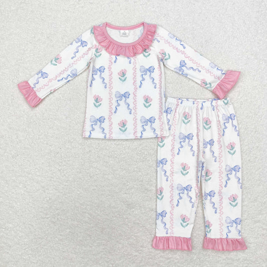 GLP1693 Baby Girls Blue Bow Long Sleeve Bamboo Pajama Set