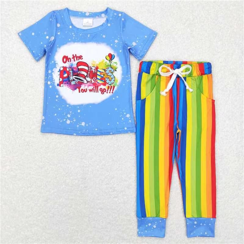 Baby Boys Blue Short Sleeves Dr Hats Top Colorful Stripe Pockets Legging Pant Set