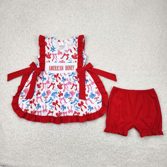 Baby Girls American Honey Red Blue Bows Tunic Ruffle Short 4th Of July Set