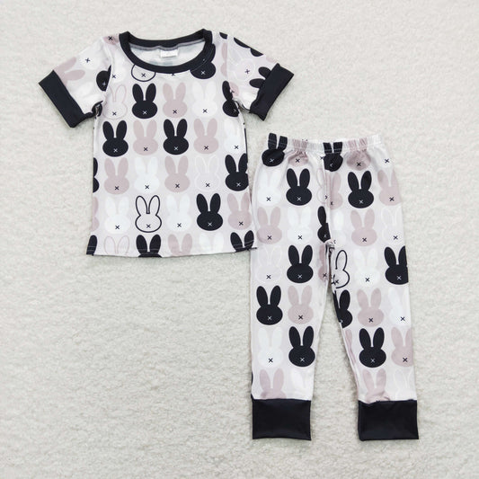 Baby Boys Short Sleeves Black White Bunny Top Pant Easter Pajamas Set