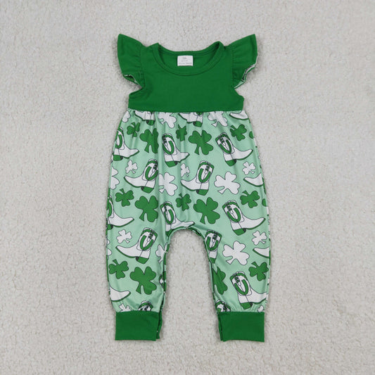 SR3783 Baby Girls Saint Patrick Shamrock boots Green Romper