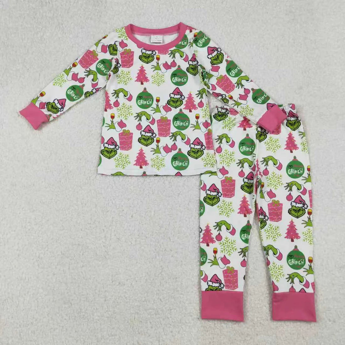 Sibling Baby Girls Green Faces Trees Lights Christmas Ruffle Knee Length Dress Pajamas Sets Footie Rompers