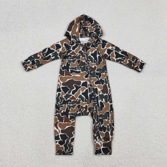 LR2815 Baby Boys Brown Camo Long Sleeve Zipper Hooded Romper