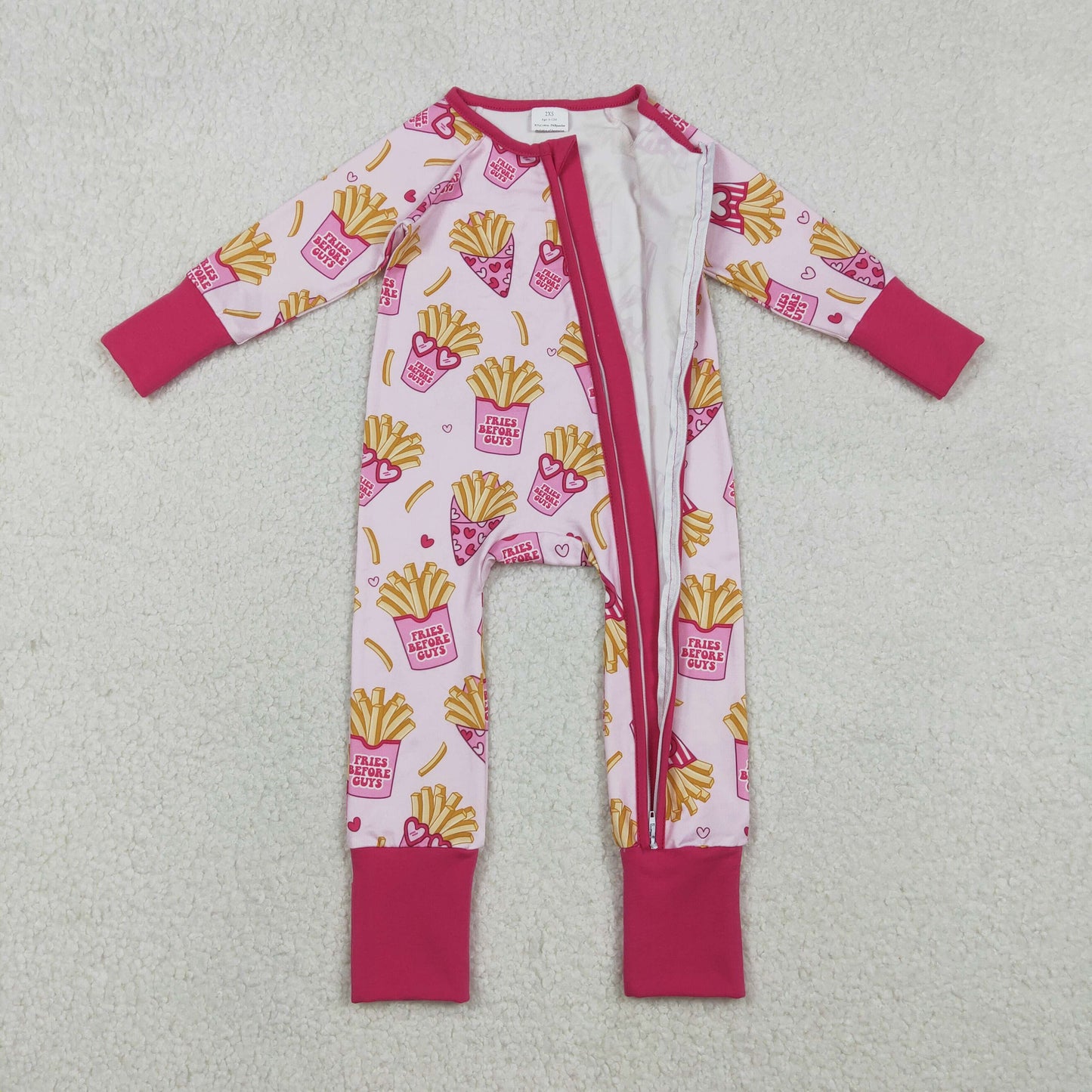 LR2843 Baby Girls french fries long sleeve footed romper