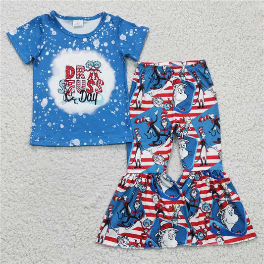 Baby Girls Hot Blue Short Sleeves Dr Reading Top Red Striep Bell Bottom Pant Set