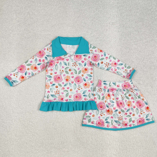 Baby Girls Blue Long Sleeves Pink Floral Zipper Pullover Patchwork Skirts Valentines Set