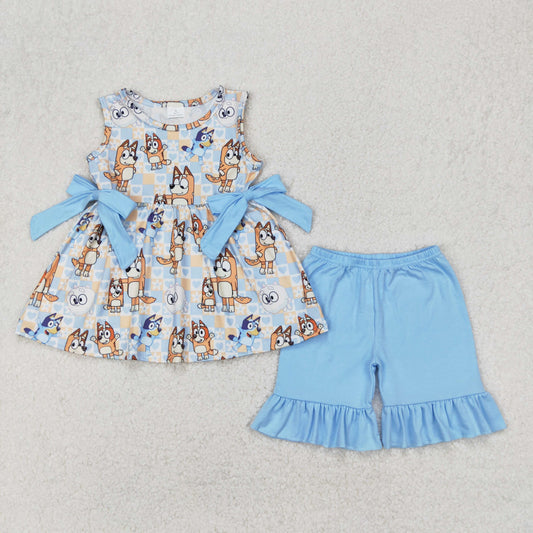 Baby Girls Sleeveless Blue Bows Plaid Cartoon Dogs Tunic Ruffle Short Set