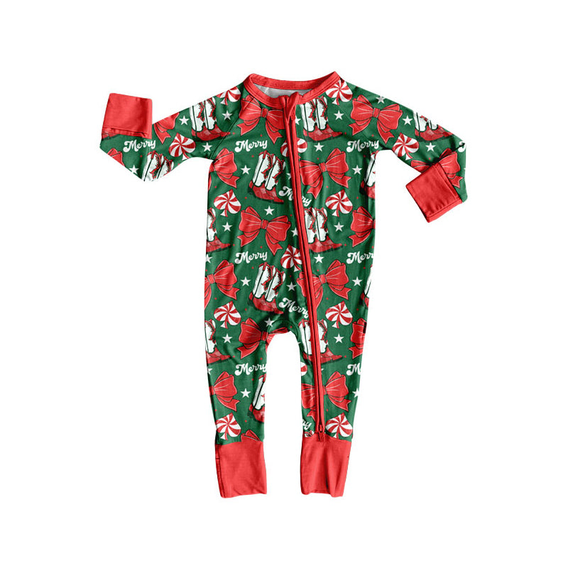 20 MOQ Preorder Baby Girls Merry Christmas Red Bow Long Sleeve Bamboo Romper