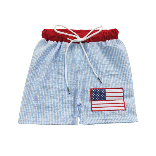 Boys Summer Embroidery Flag Seersucker Trunks S0135