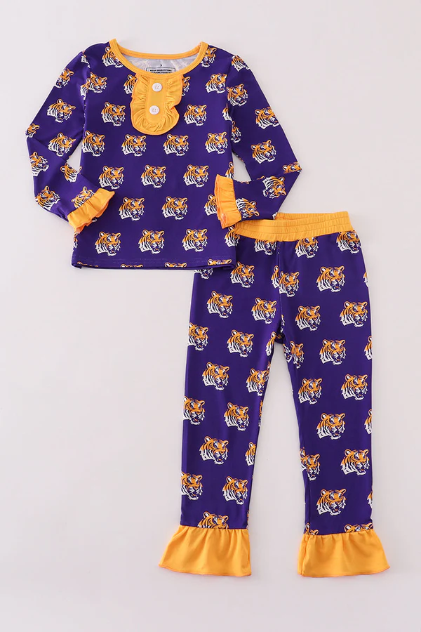 Preorder 20 MOQ Purple LSU geaux tiger bamboo ruffle pajamas set