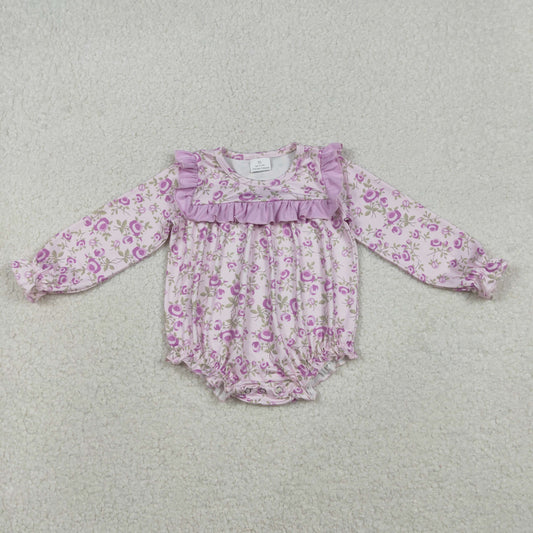 LR2624 Baby Girls Pink Flowers Long Sleeve Romper