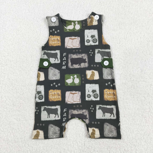 Baby Boys Dark Green Sleeveless Ducks Boots Button Down Western Rompers