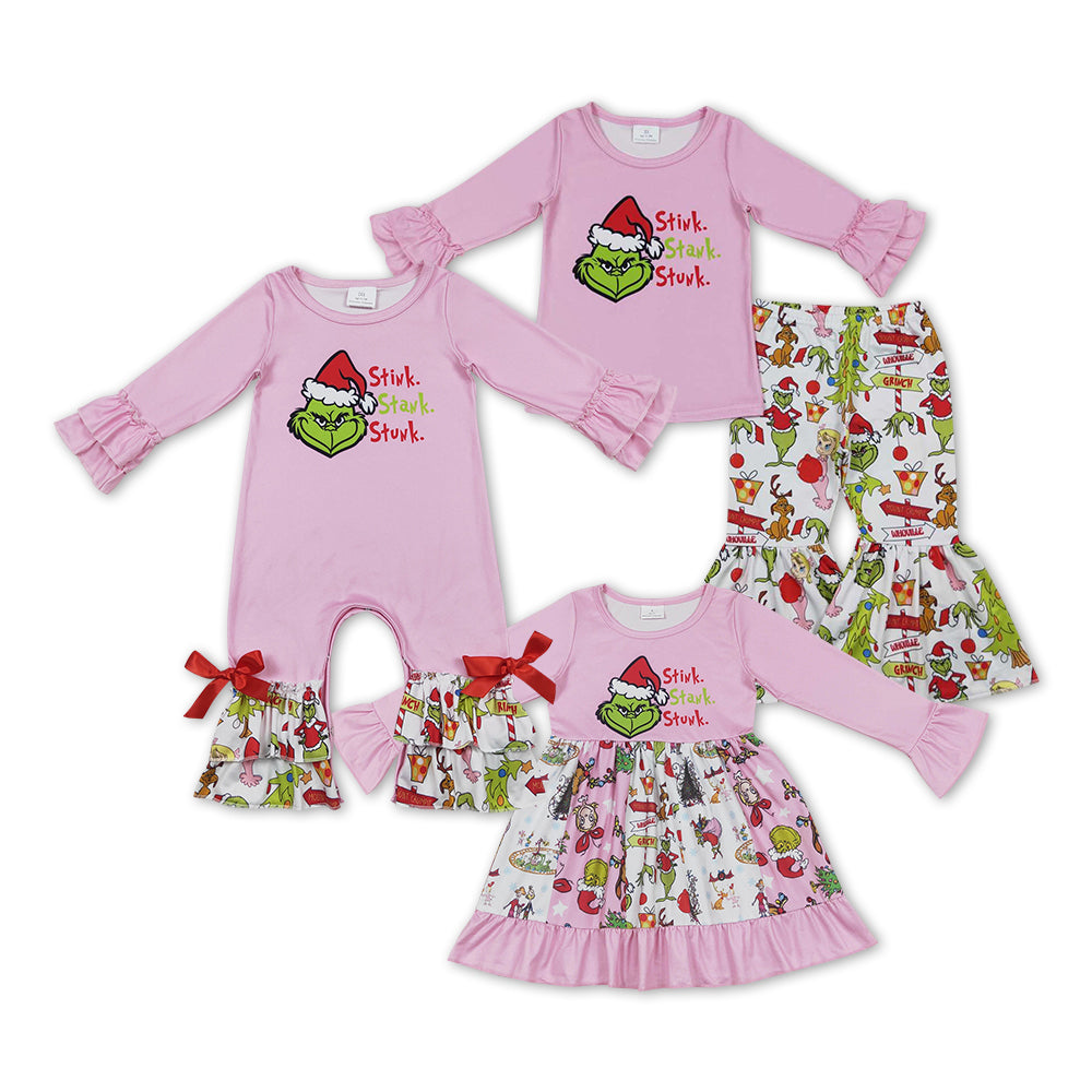 Baby Girls Sister Chrismtas Green Face Pink Matching Clothes