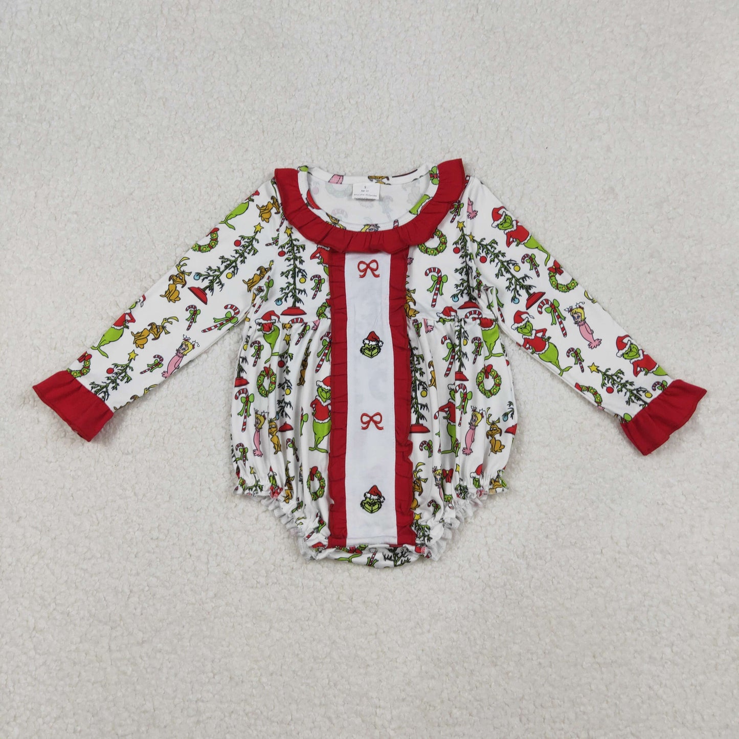 LR2635 Baby Girls Christmas Green Face Bow Romper