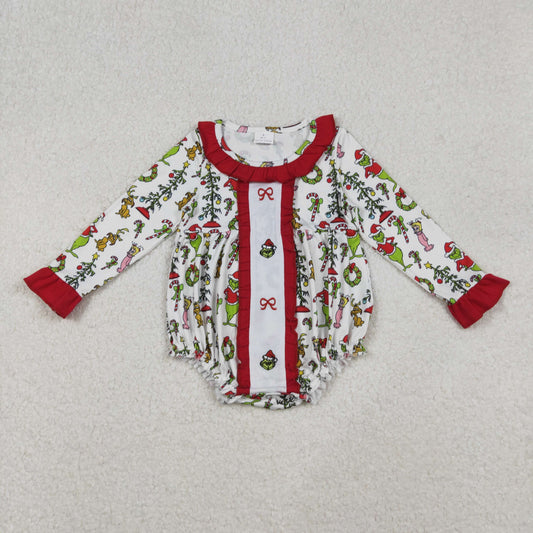 LR2635 Baby Girls Christmas Green Face Bow Romper