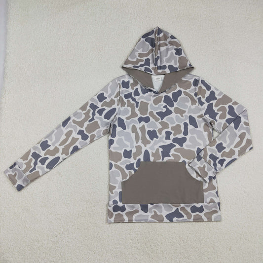 Adult Size Men or Women Grey camo long sleeve pocket hoodie top