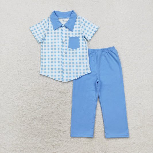 BSPO0466 Baby Boys Blue Checkered Short Sleeve Tee Shirt Top Pants Clothes Sets