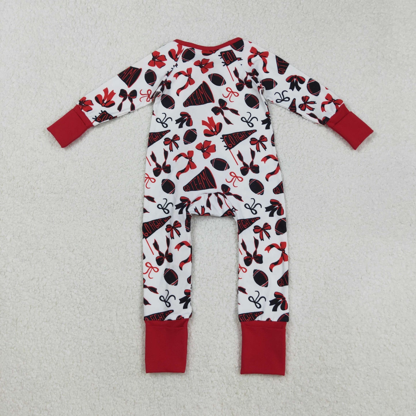 LR2512 Baby Girls Football Team Long Sleeve Red Zipper Romper