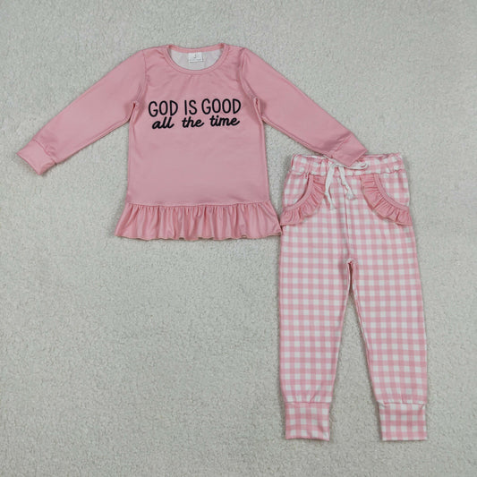 God Is Good All The Time Girls Pink Gingham Pants Set